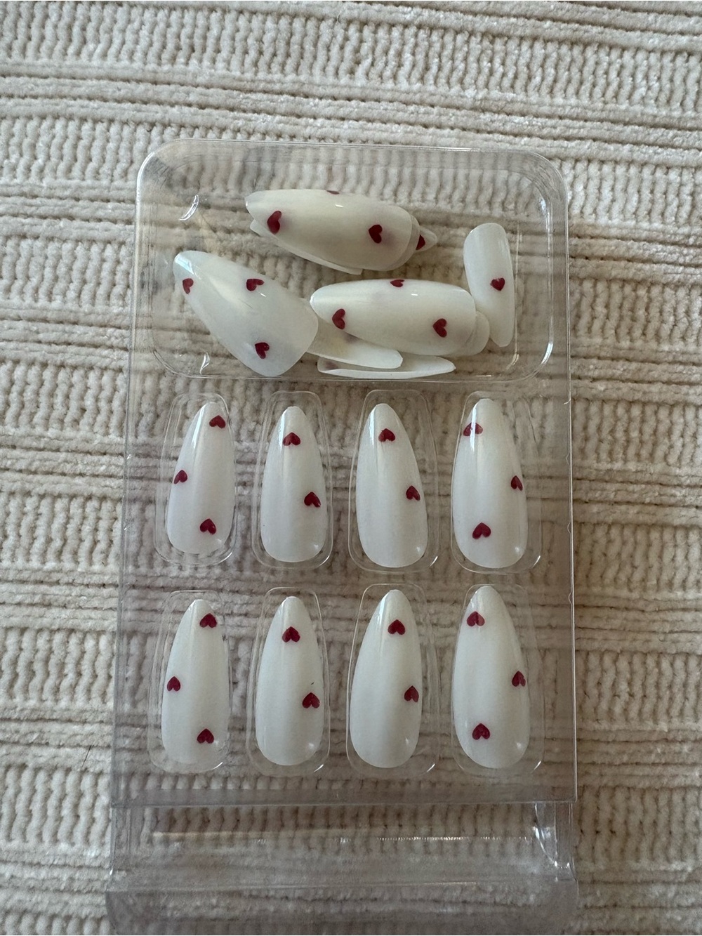 White Press-On Nails with Red Heart Accent